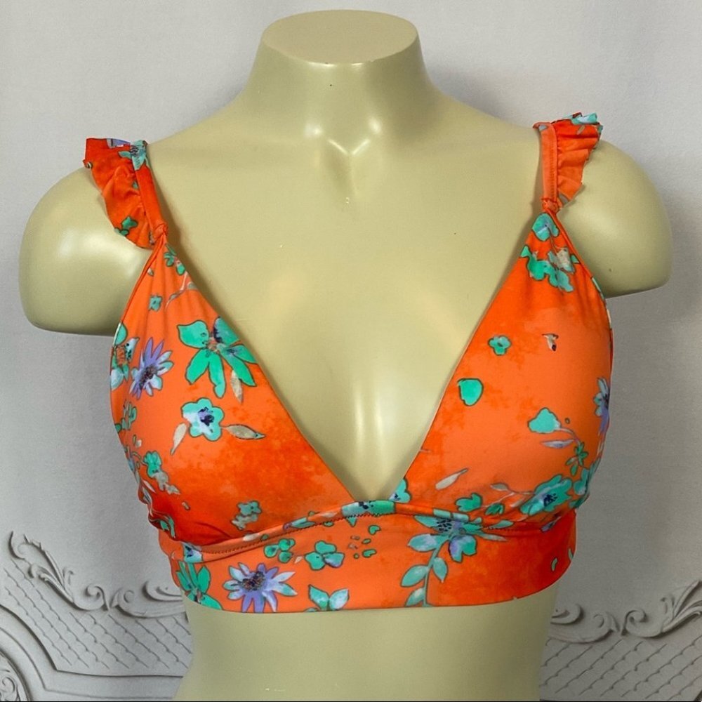 🎖HP🎖 SO Orange Floral Ruffled Midkini Swimsuit Top Juniors Large 11-13 New - Picture 1 of 4